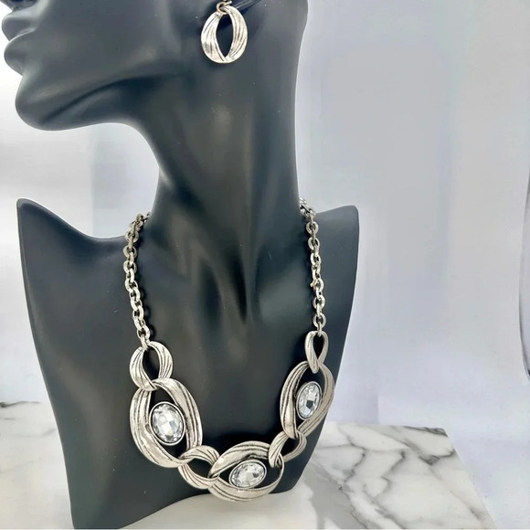 Huge Rhinestones Chunky Necklace Set Matching Earrings Antique Silver-to… - Picture 3 of 10
